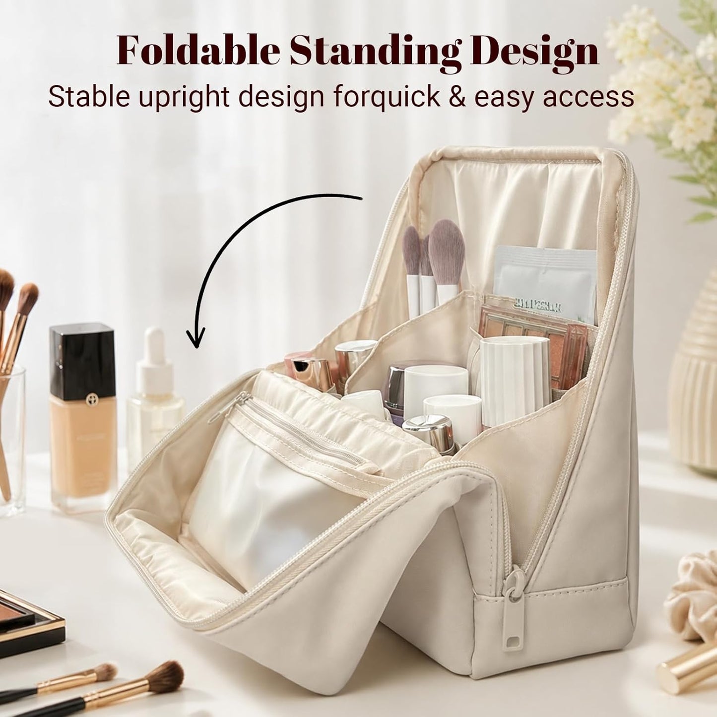 Large Waterproof Makeup Bag for Women - Foldable Cosmetic Organizer with Compartments & Detachable Dividers | Cream White