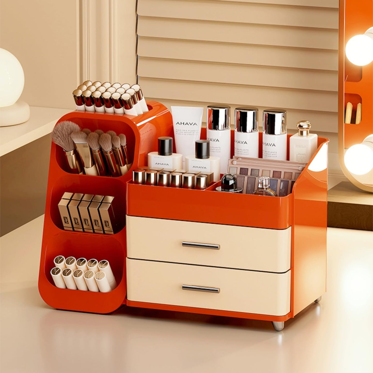 KQJS Makeup Organizer with Drawers,Large Capacity Countertop Organizer for Vanity,Bathroom and Bedroom Desk Cosmetics Organizer,Easy To Storage Skincare,Brushes,Lotions (Red and Cream)