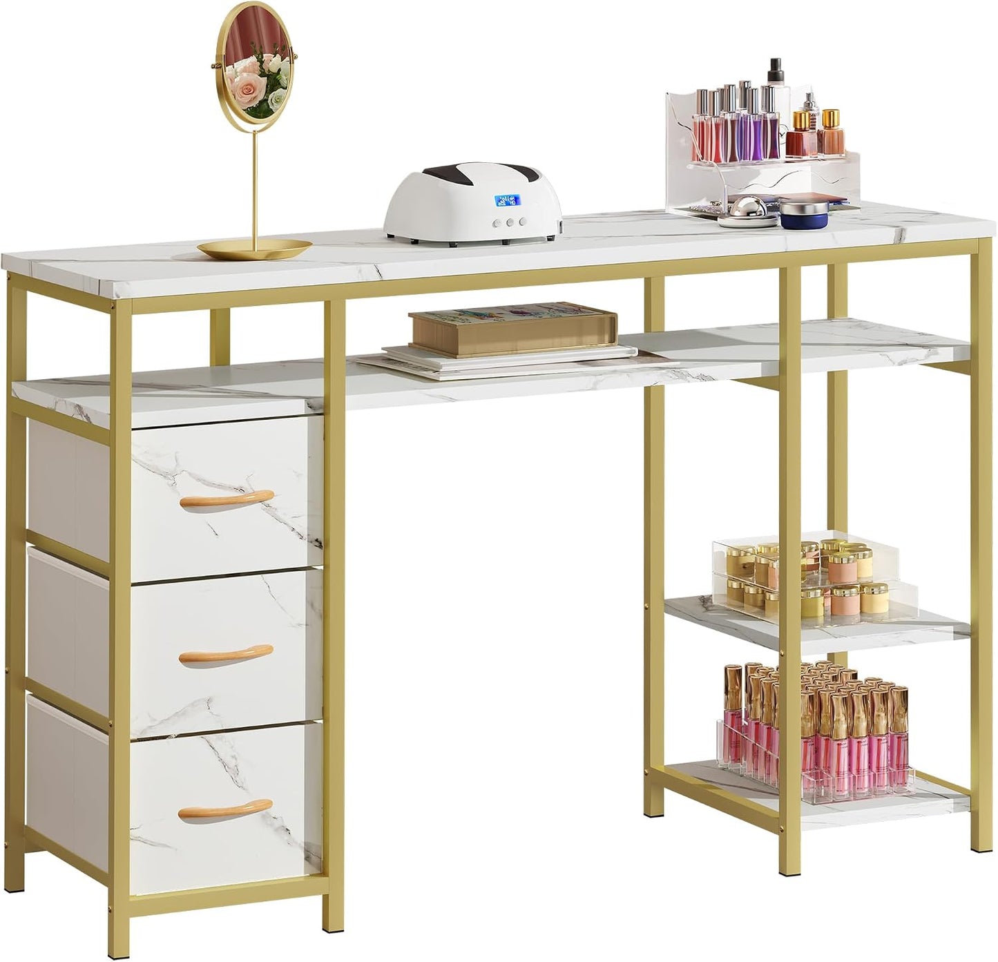 Nail Desk - Marbling Texture Manicure Table with 3 Drawers | Beauty Salon Spa Furniture (White)