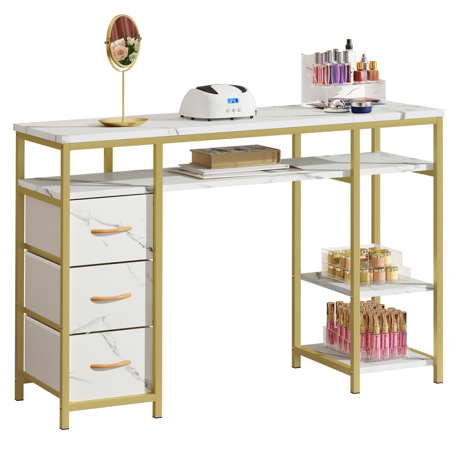 DWVO Nail Desk, Manicure Table, Marbling Texture Manicure Station with 3 Drawers, Nail Tech Desk for Beauty Salon Spa (White)
