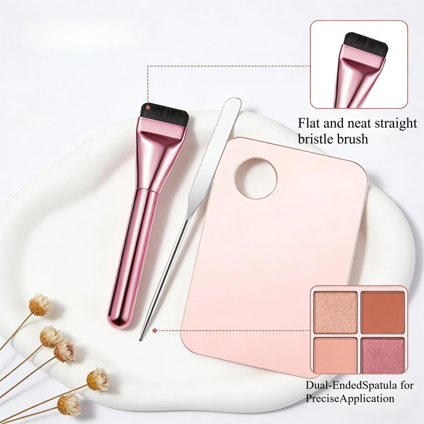 Foundation Makeup Brush with Mixing Palette and Spatula, 3-Piece Cosmetic Tool Set, Pink