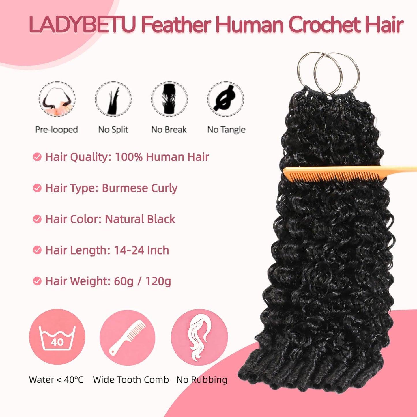 LADYBETU Feather Crochet Human Hair Knotless Invisible 60g, Pre-Separated Lightweight Burmese Curly Crochet Hair 16 Inch, Reusable Miracle Knots Crochet Human Hair for Black Women