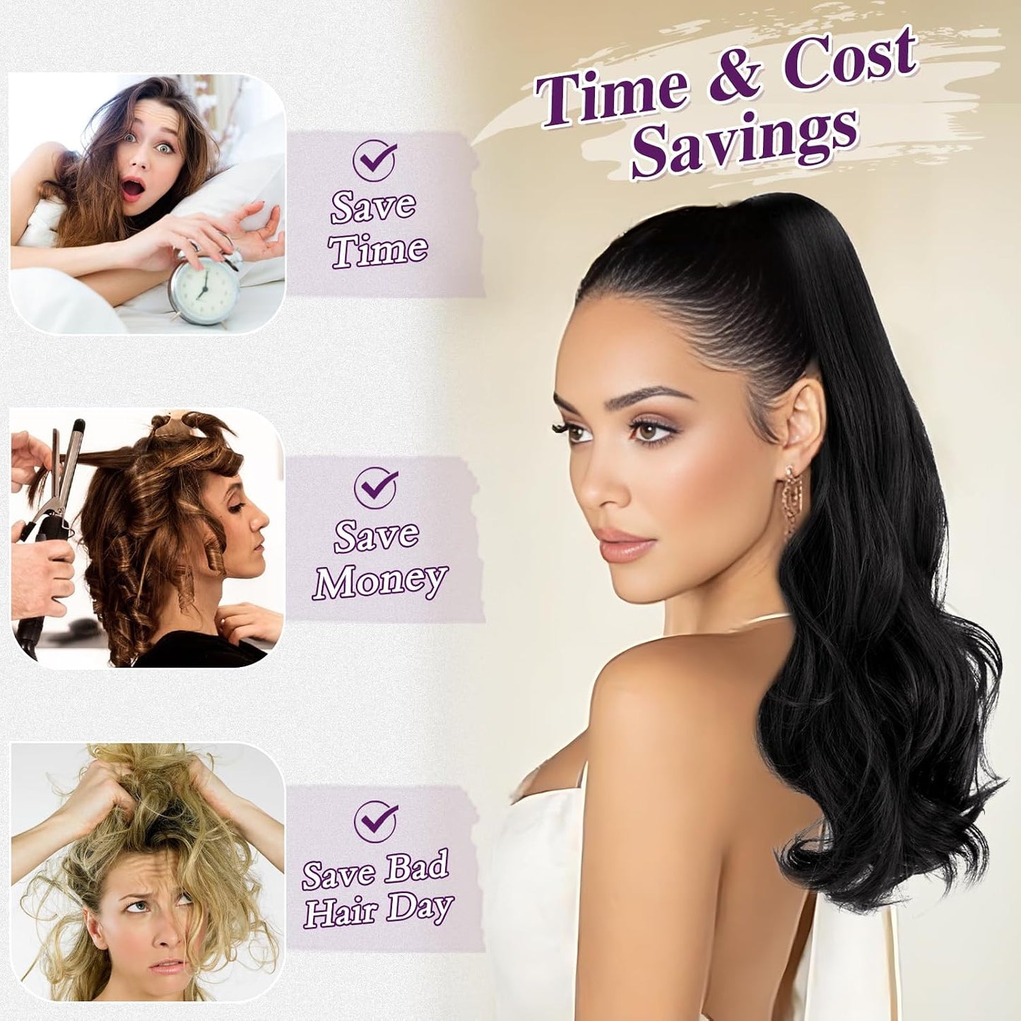 Black Wavy Drawstring Ponytail Extensions - 20 Inch Curly Clip-In Hairpiece for Women, Natural Look