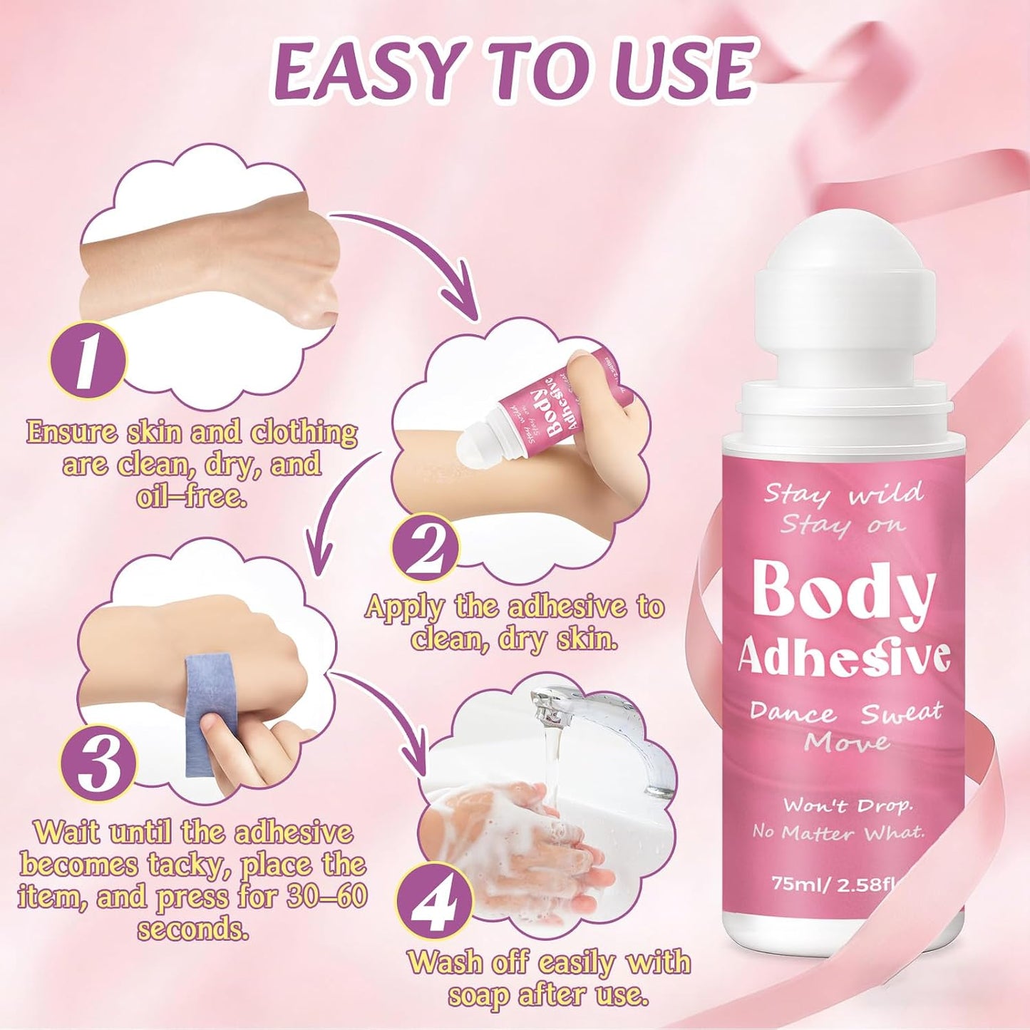 Body Adhesive Glue for Clothing & Skin - 2.58 Oz Roll-On, Sweat Resistant & Washable Fashion Tape for Dancers, Leotards & Costumes