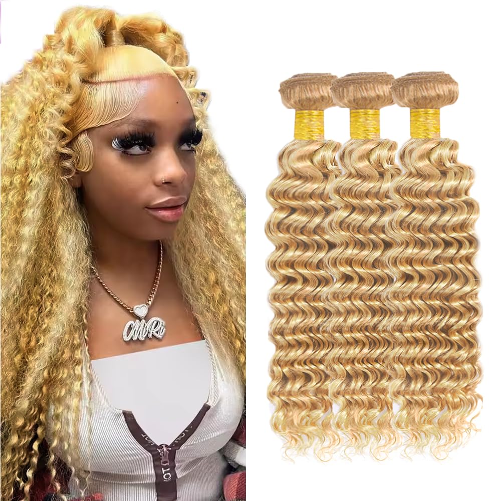 30 32 34 inch WuvuSnm Hair 613 Bundles Human Hair Blonde Deep Wave Bundle P27/613 Wet and Wavy Human Hair 3 Bundles