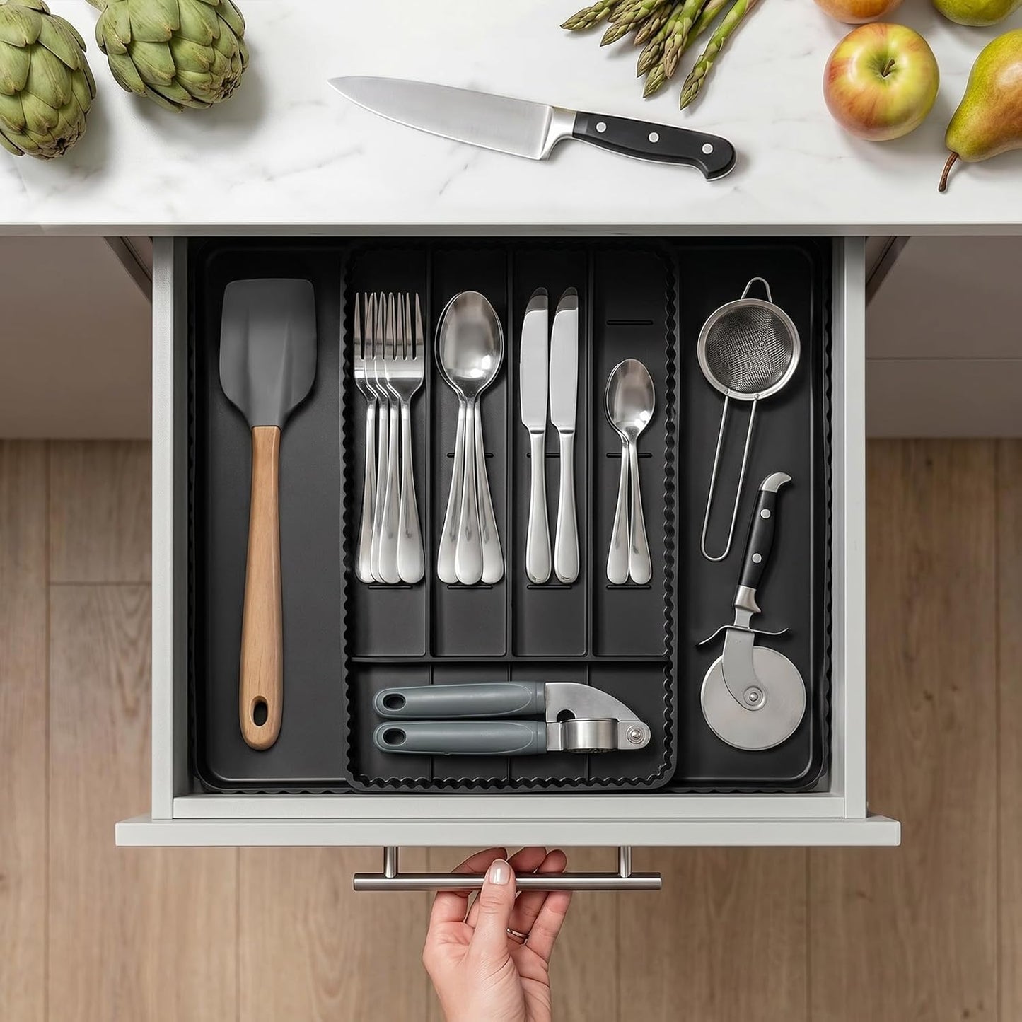 Expandable Silverware Organizer - Adjustable 7-Compartment Cutlery Tray | Heat-Resistant Silicone, Black - 50% Larger Capacity