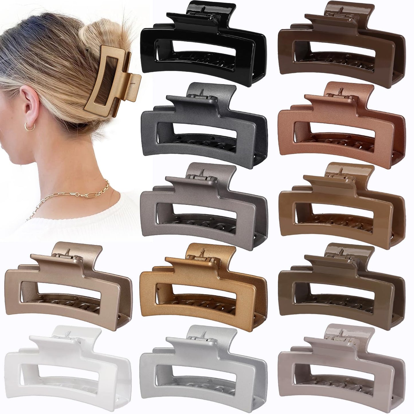 3.5 Inch Medium Hair Accessories - 12 Pcs Square Jaw Clips for Thick & Thin Hair | Rectangular Basic Color Clips for Women & Girls