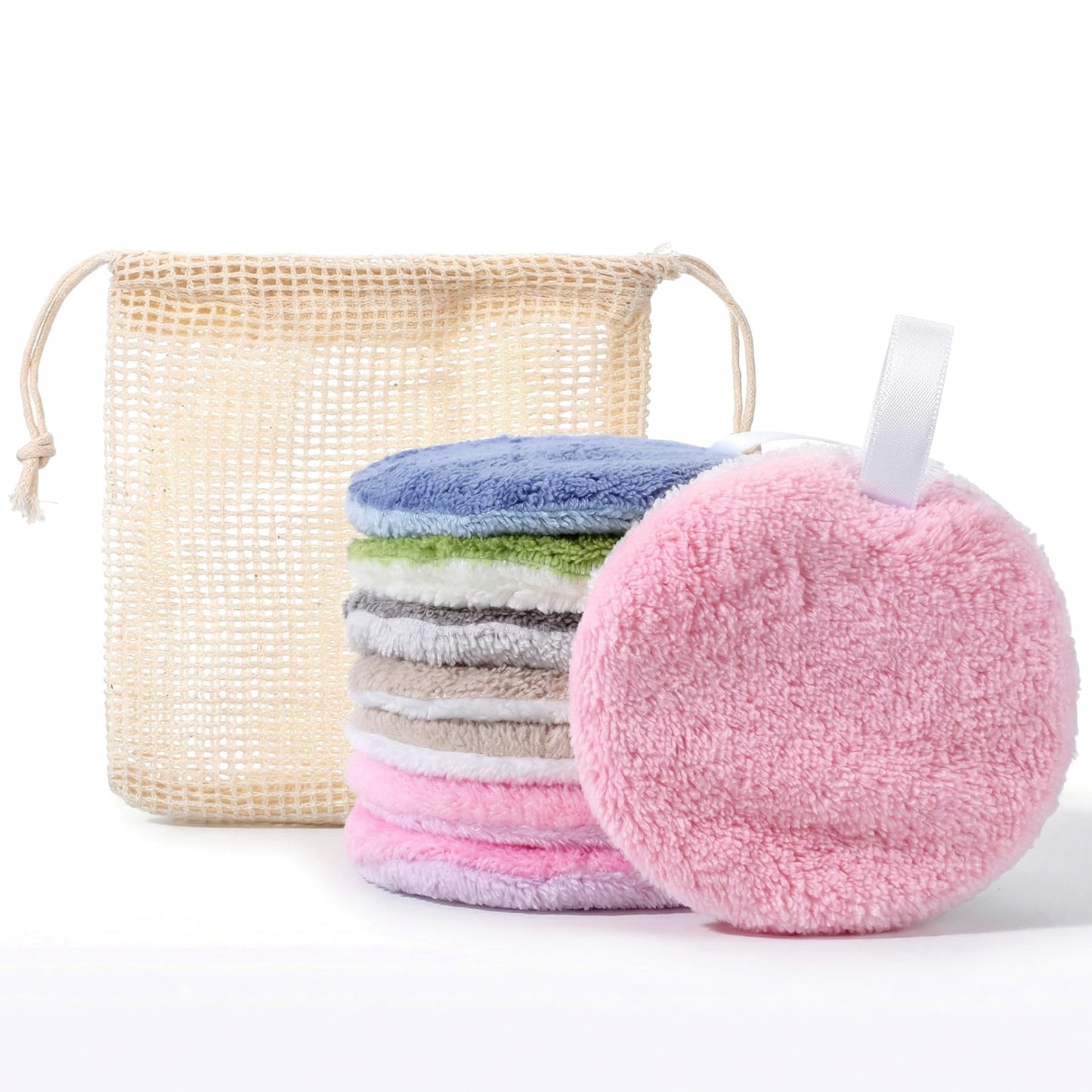 HJZHII 8 Pcs Reusable Makeup Remover Pads, Soft Coral Fleece Round Cotton Pad Washable Face Pads with Mesh Storage Bag for Women Eye Shadow Facial Skincare