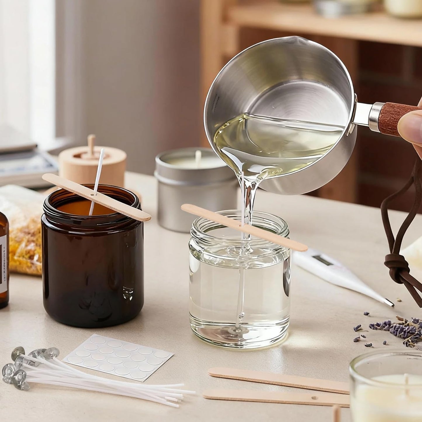 Wooden Handle Wax Melting Pot for Candle Making, Stainless Steel Pouring Pitcher with Spout, Heat-Resistant Handle for Melting Soy Wax, Beeswax, Ideal Candle Making Supplies for Beginners & Pros