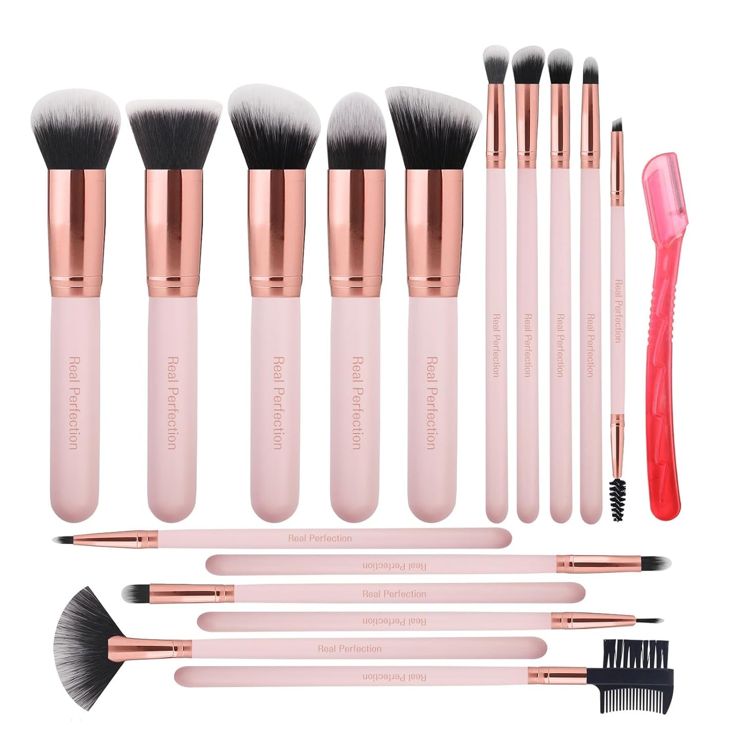 Real Perfection Makeup Brush Set - 16 Premium Synthetic Brushes for Foundation, Eyeshadow & Blush | Pink