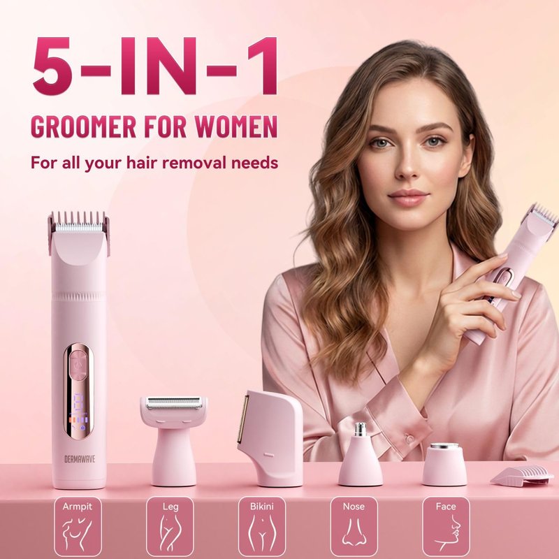 DERMAWAVE 5-in-1 Electric Bikini Trimmer for Women Pubic Hair, Waterproof Electric Razor Foil Shaver Hair Trimmer Epilator for Face, Nose, Ear, Bikini Line Area, Body, Leg, USB-C Rechargeable, Pink
