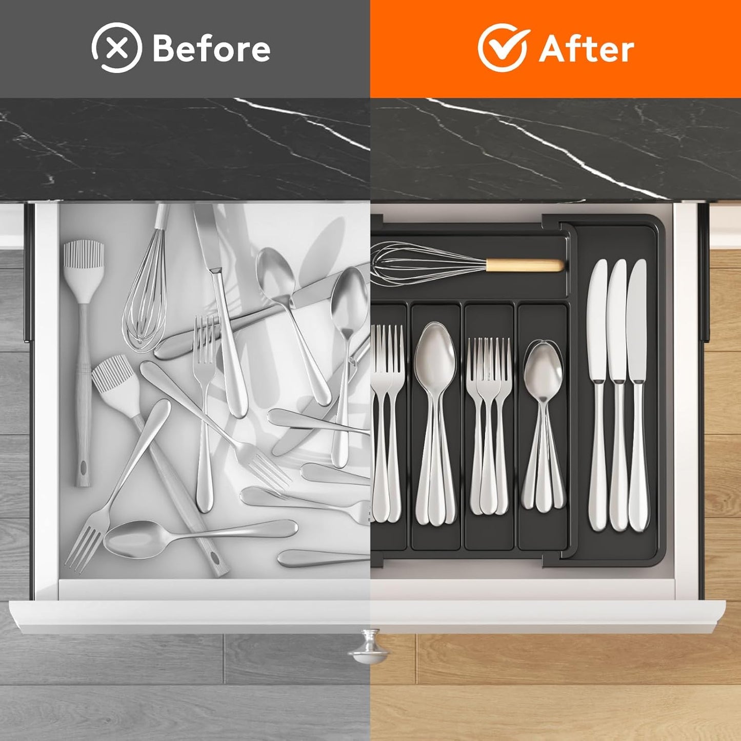 Expandable Silverware Organizer - BPA-Free Plastic Utensil Tray for Kitchen Drawer | Space-Saving Cutlery Holder, Black, 8.5-14 x 12 x 1.5 Inch