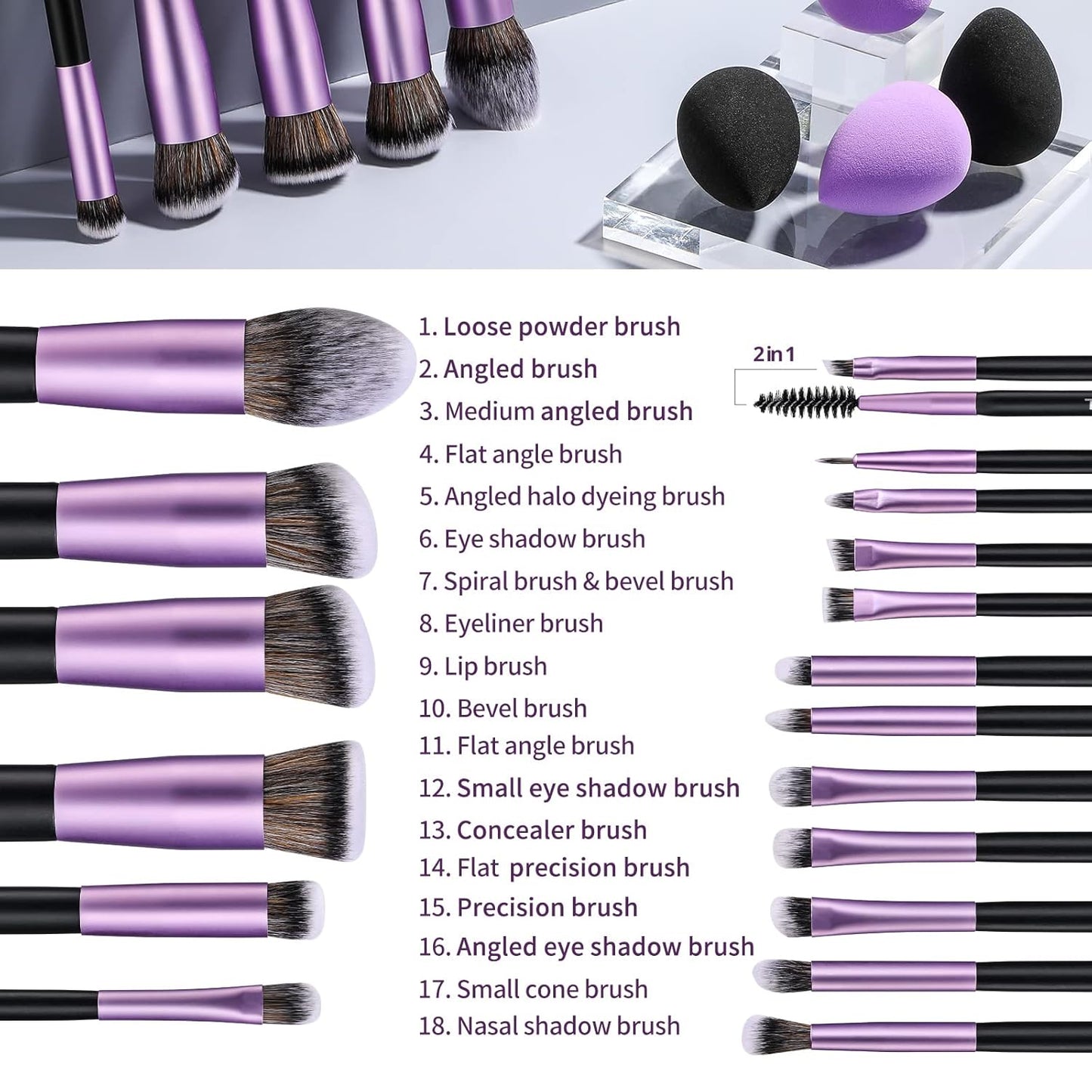 Premium Synthetic Makeup Brush Set - 18 Pcs Foundation, Powder, Concealer & Eyeshadow Brushes + 4 Pcs Makeup Sponges