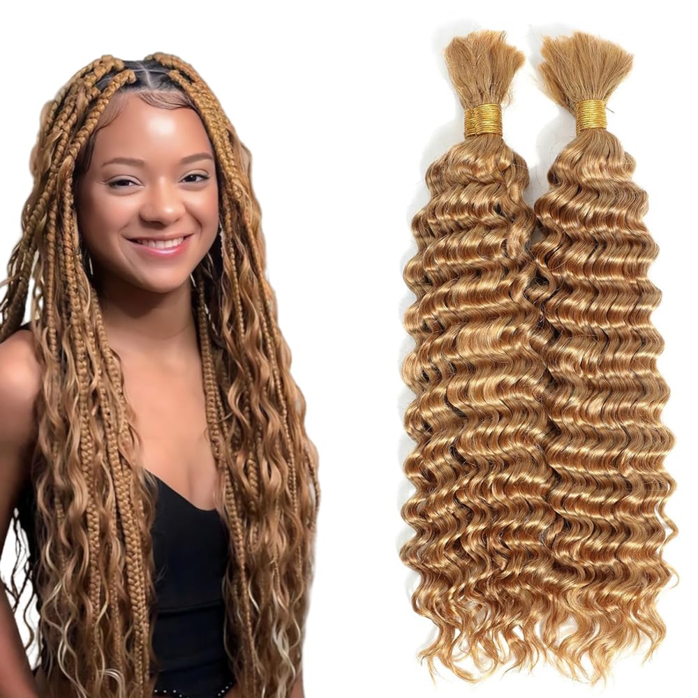 28 28 Inch 27 Boho Human Hair Blonde Human Braiding Hair For Boho Braids Honey Blonde Braiding Deep Wave Color 27 Braids Knotless Bulk Bohemian 100g