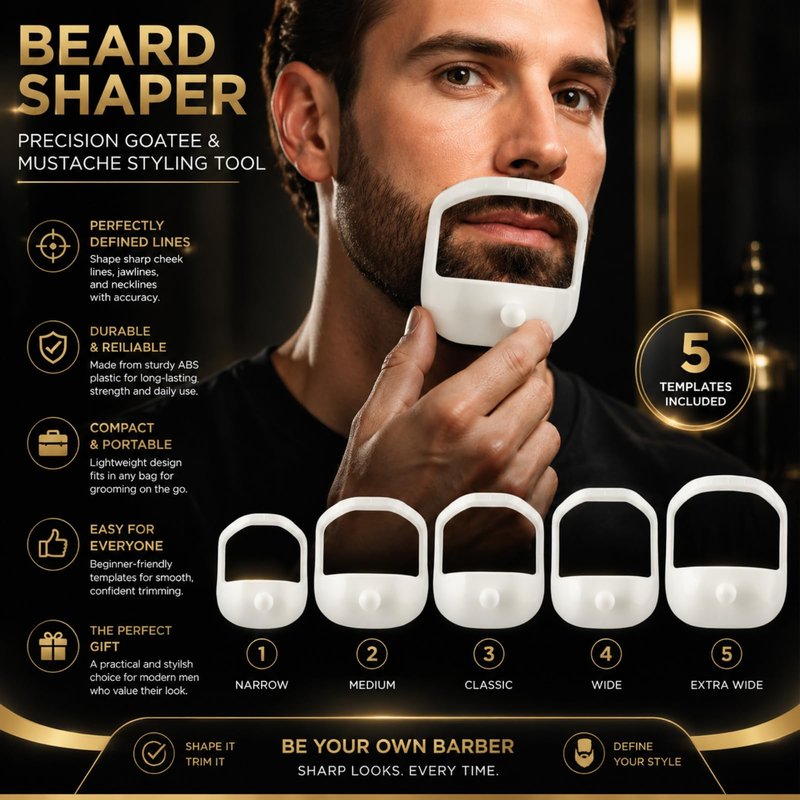 HORWIA 5Pcs Beard Shaper,Goatee Beard Styling Stencils Different Size,Beard Lineup Tool,Precision Goatee Template for Clean Sleek Stylish BeardLines for Man (White)
