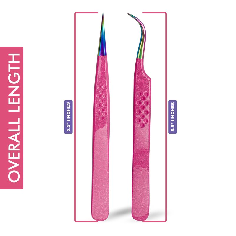 Precision Eyelash Extension Tweezers,Straight And Curved, with Fiber Tip, Volume & Isolation Tweezers, Japanese Stainless Steel, Unique Spotted Design (Pink Color)
