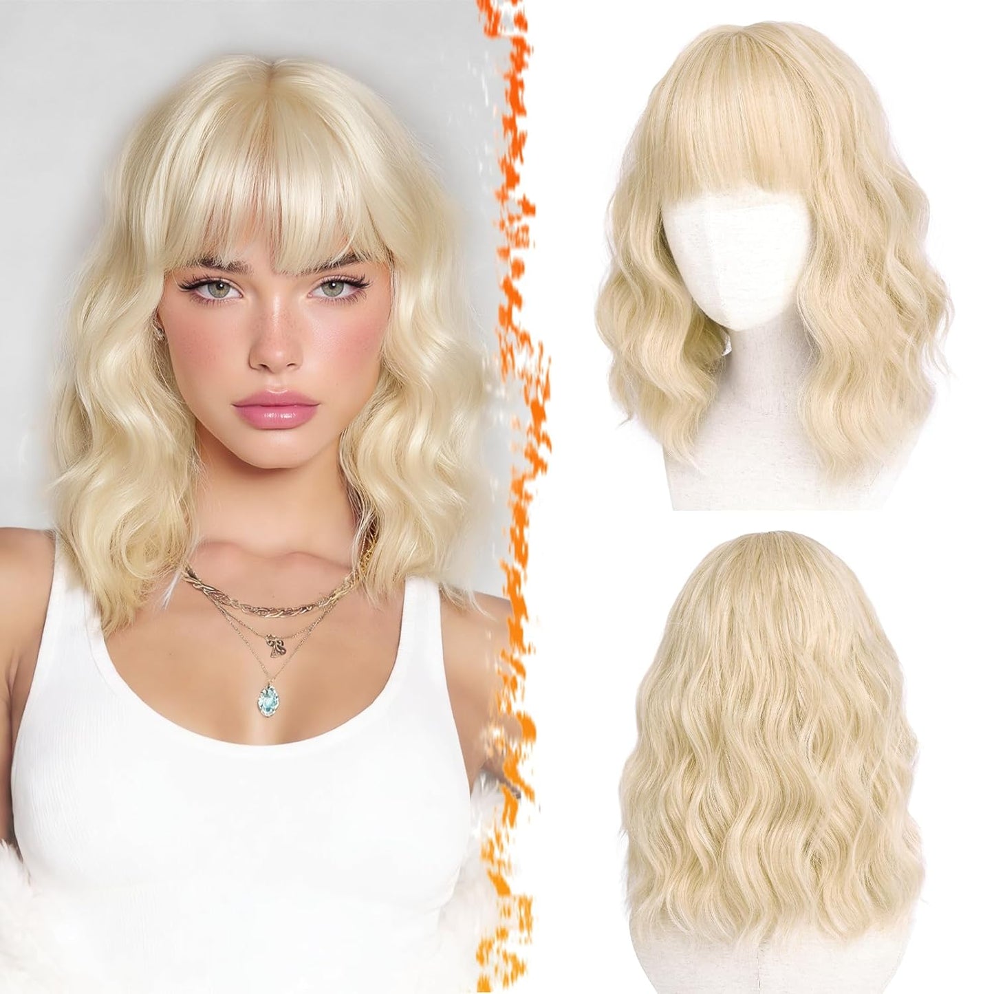 Long Wavy Blonde Curtain Bangs Wig - 26" Synthetic Ombre Wig with Dark Roots | Soft Natural Look