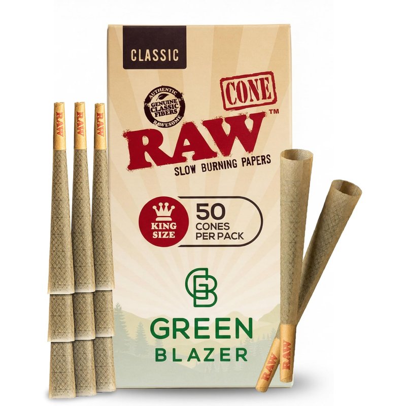 RAW Cones Classic King: 50 Pack Patented Slow Burning Cones Rolling Papers with Tips, All Natural RAW Paper, 109mm, Green Blazer Preroll Loader