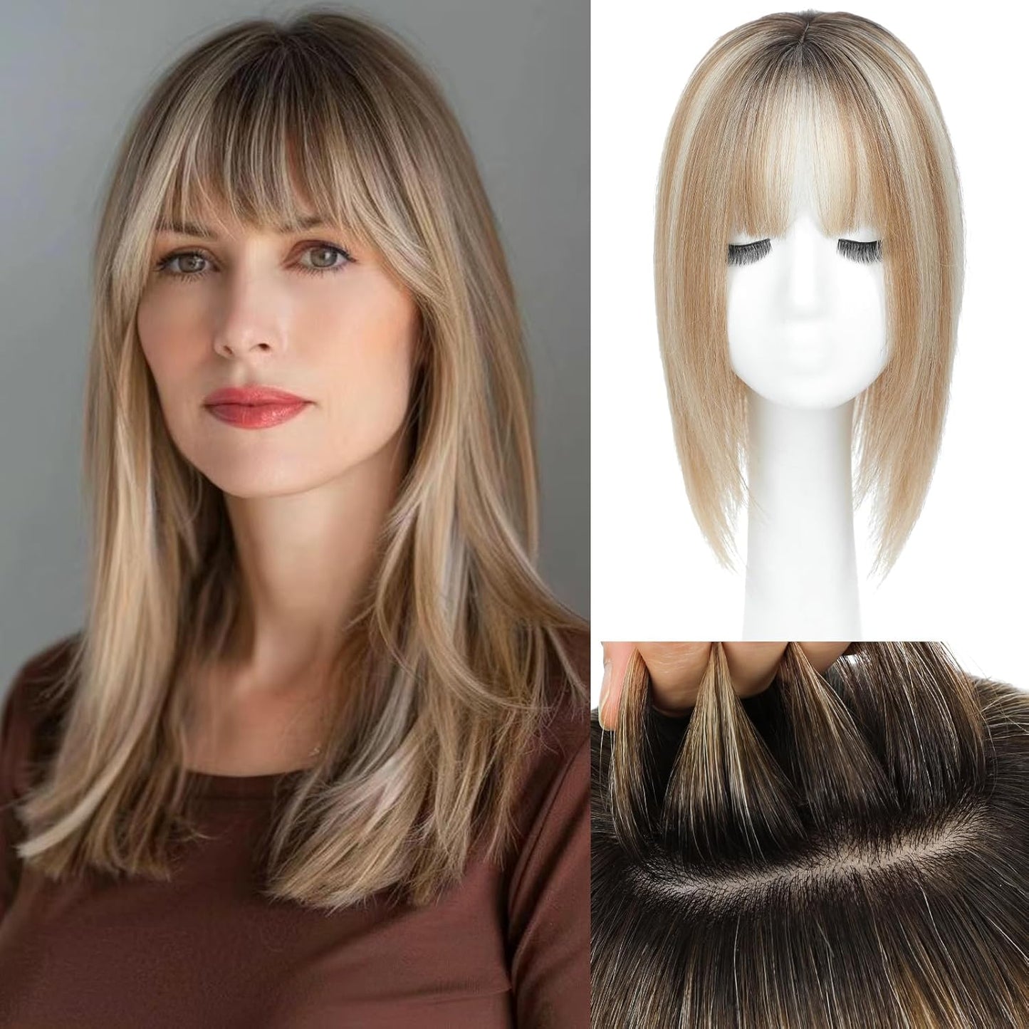 Aimeolyn Hair Toppers for Women - Real Human Hair 12-Inch Wiglet with Bangs for Thinning Hair | Big Base Scalp Coverage