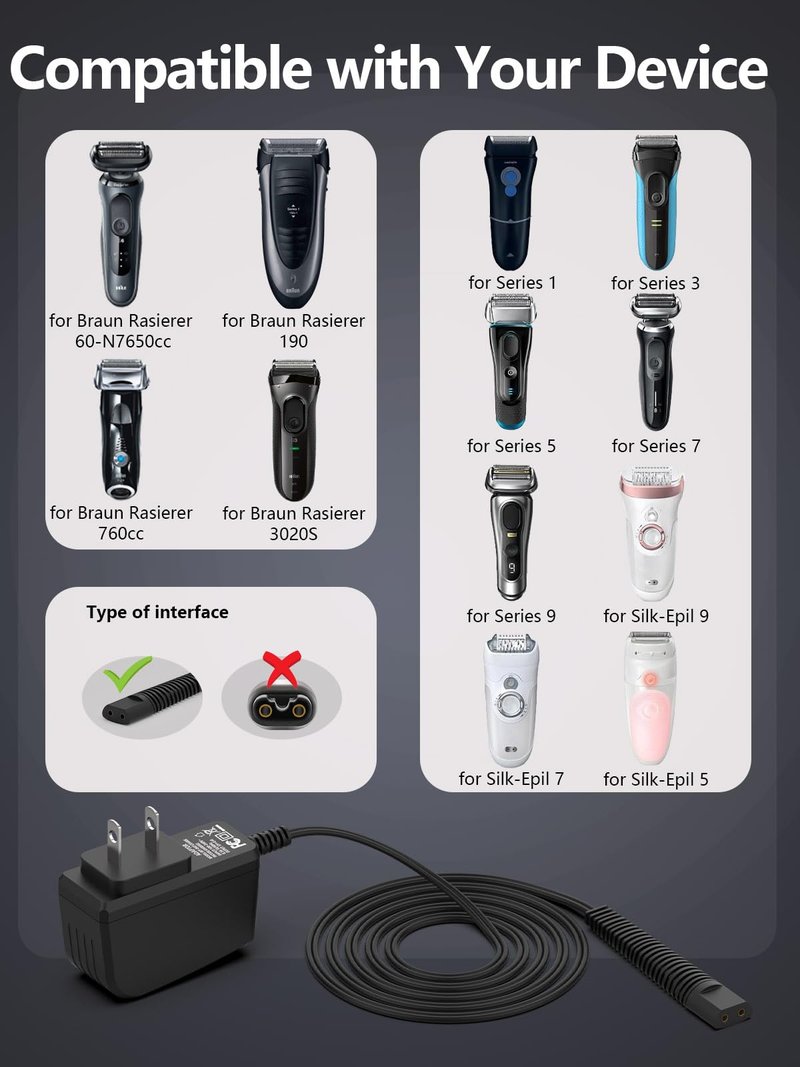 12V Shaver Charger Compatible with Braun Shaver Series 9 8 7 6 5 3 1 3040s 340s 5018s 7020s 370 390cc 720 760cc 790cc 7865cc 9095cc S9 S7 S5 Pro, Power Replacement for Braun Electric Razor Adapter