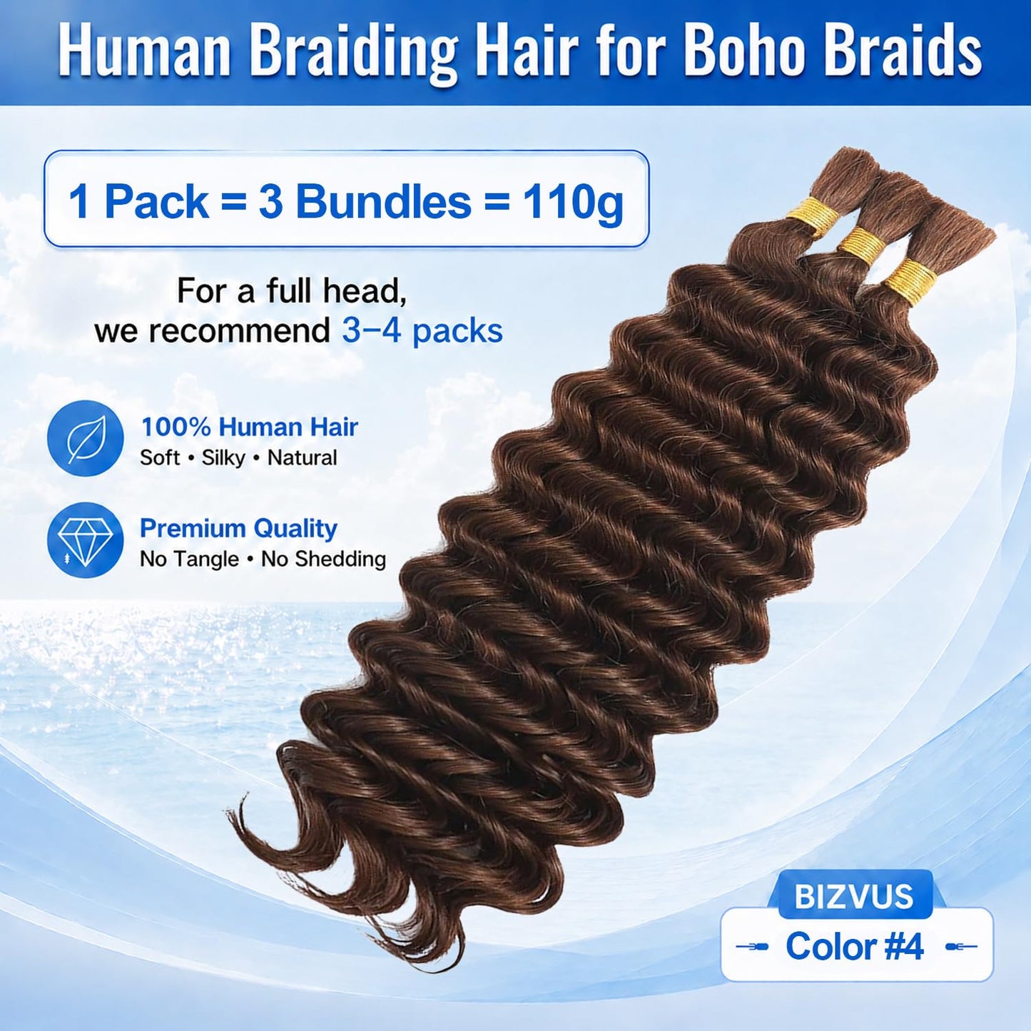 BIZVUS Human Braiding Hair for Boho Braids 110g Deep Wave Boho Bulk Human Hair for Braiding Knotless 12A Wet and Wavy Bulk Bohemian Curly 3 Bundles/Pack #4 Chocolate Brown Color 20 inch