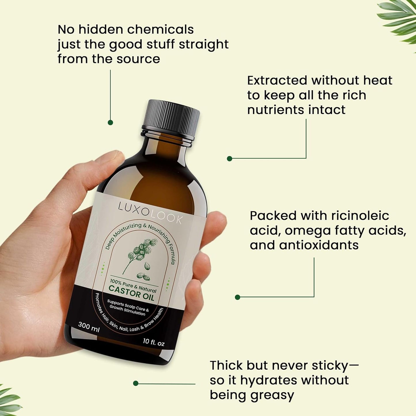 Pure Castor Oil 10oz - Cold Pressed Natural Oil for Hair Growth, Skin & Nails | Hexane Free, Unrefined with Dual Mascara & Dropper