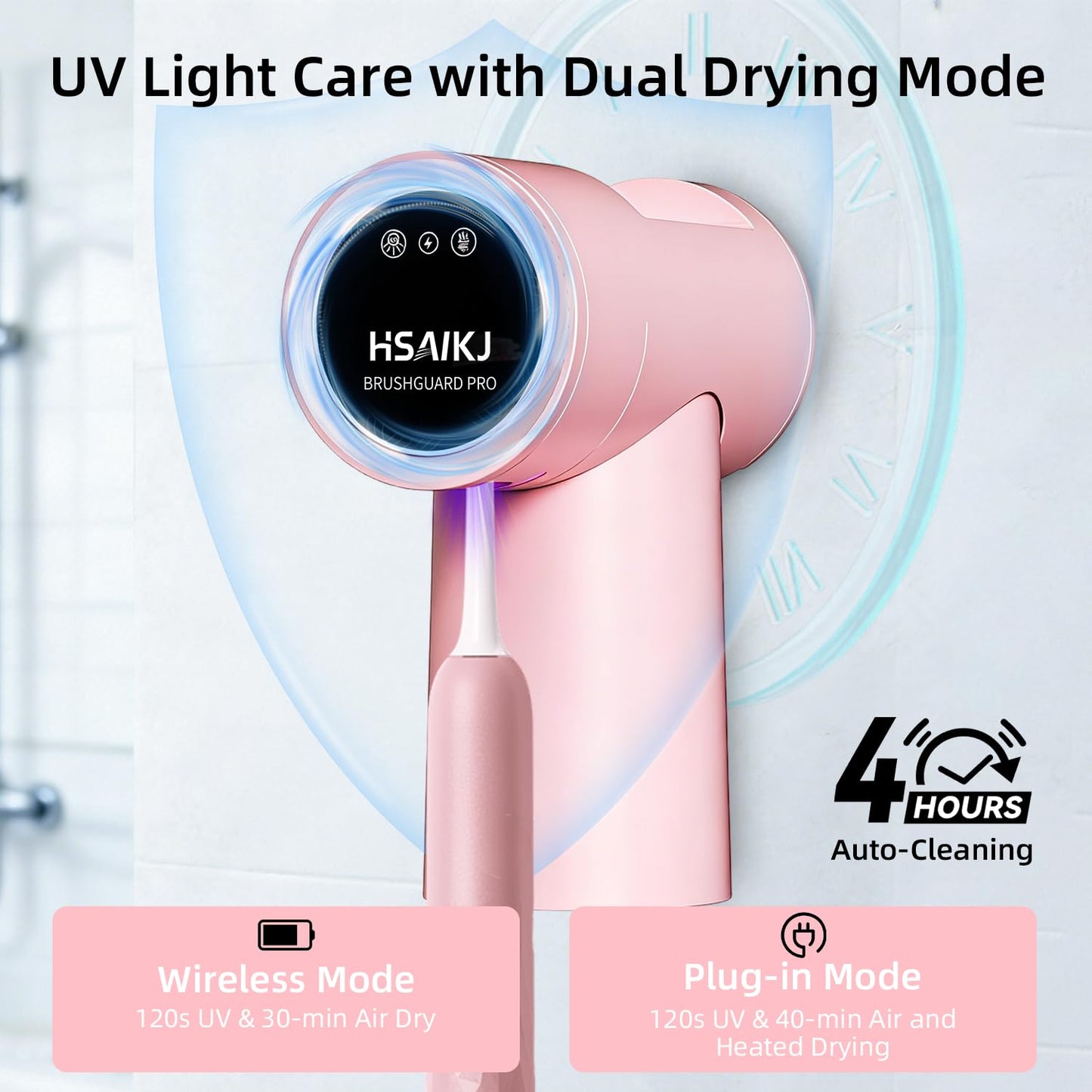 Wall Mounted Toothbrush Holder for Bathroom, 3-in-1 Electric Toothbrush Organizer for Personal Use, Smart Sensor Lid, Fast Drying, Aesthetic Bathroom Organizer with Magnetic Cup (Pink)