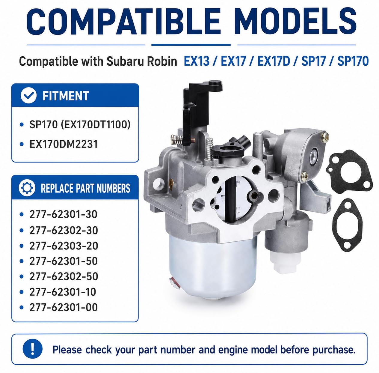 Hoypeyfiy Carburetor with 2 Gaskets, Compatible with Subaru Robin EX13 EX17 EX17D SP17 SP170 Small Engines, Replaces 277-62301-30 277-62301-50