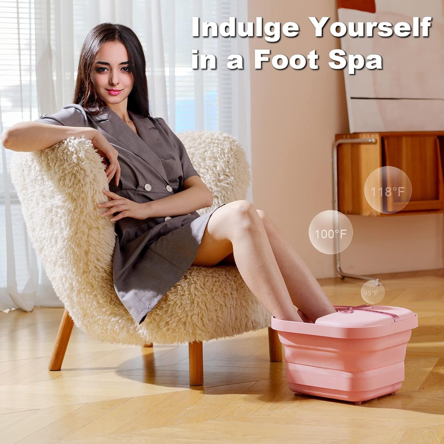 Collapsible Foot Bath Spa - Heated Massage Rollers & Bubble Jets | Foldable Pedicure Tub (Pink)