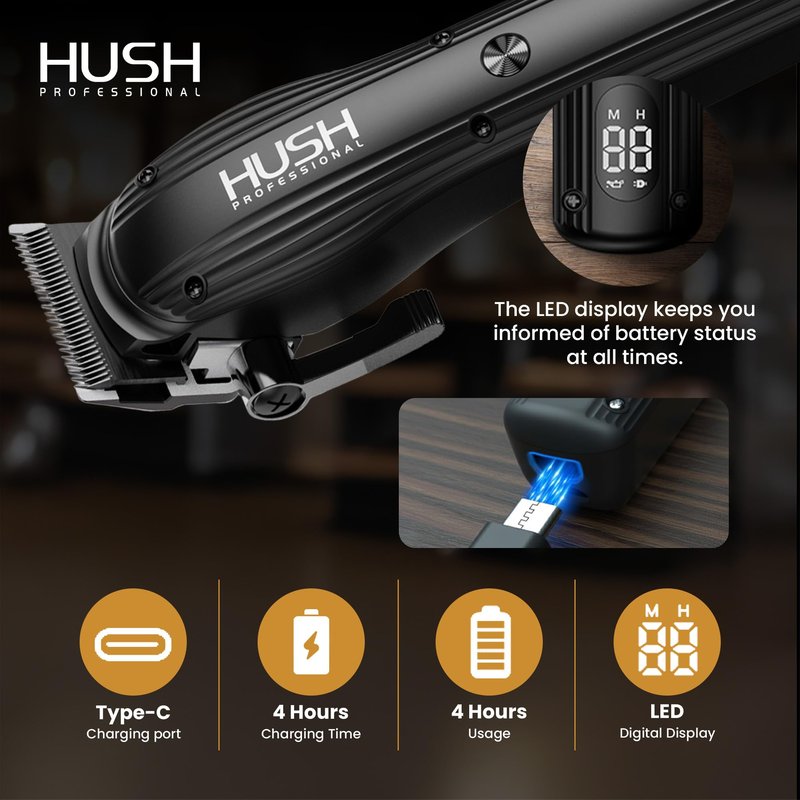 HUSH PROFESSIONAL Cordless Hair Clipper for Men - Hair Buzzer Cordless Clipper Set, Barbers Tools, Men's Grooming Professional Set with LED Display