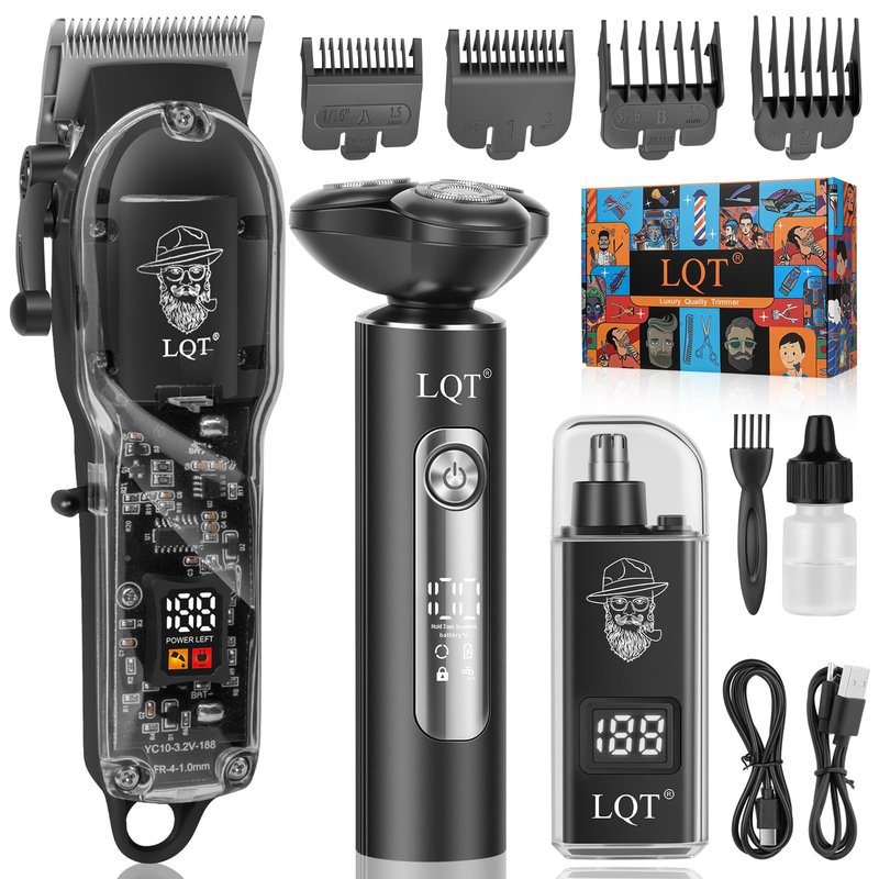 Hair Clippers for Men with LED Display, 3-Piece Professional Grooming Kit with Magnetic Attachment Shaver & Nose Trimmer, Complete Cordless Rechargeable Barber Set for Home