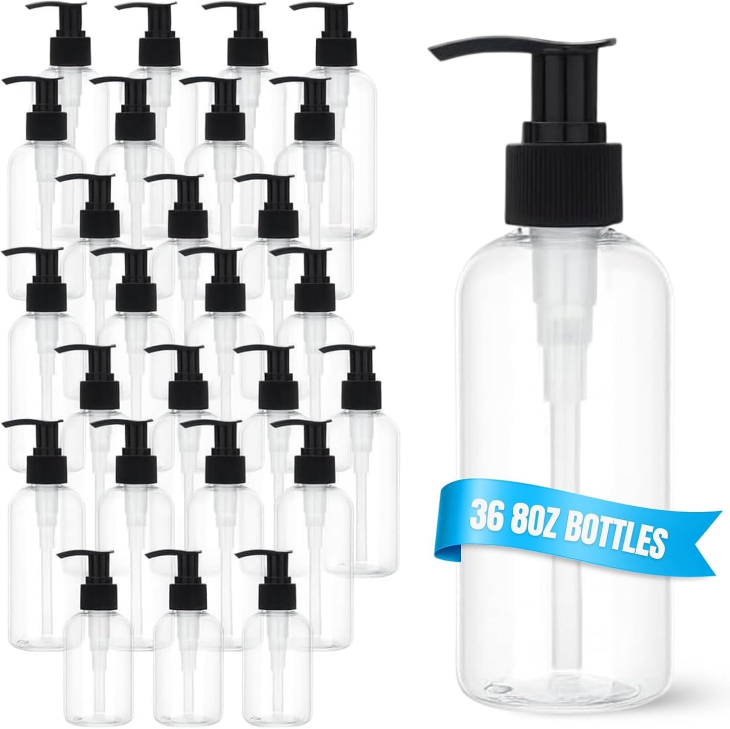 36 Pack Empty Pump Bottles 8oz - Clear Refillable Plastic Containers with Locking Dispenser for Lotion, Shampoo, Soap | Travel Size Toiletry Bottles