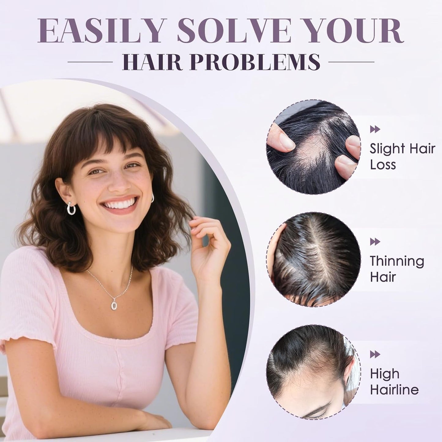 Hair Toppers for Women - Real Human Hair Clip-In 10 Inch Straight Hairpieces | Medium Brown Silk Base with Bangs