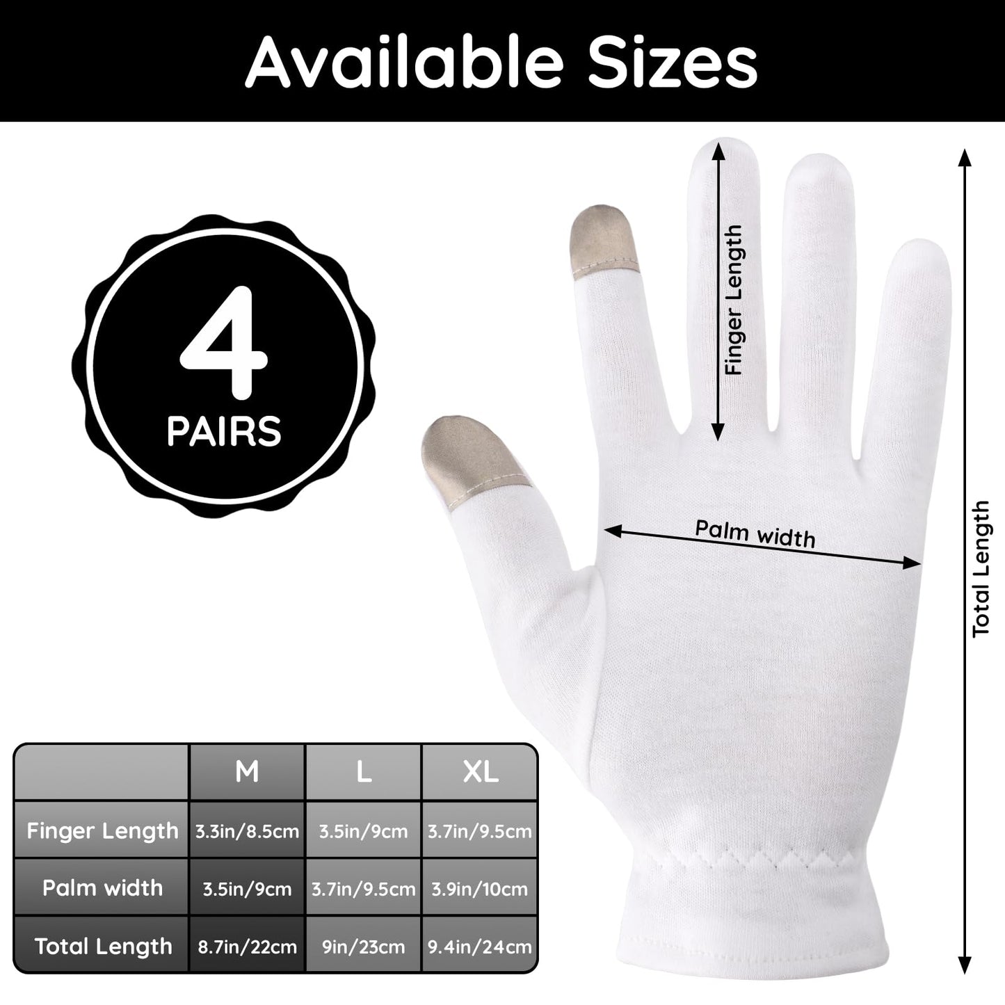 Segbeauty White Cotton Gloves with Touchscreen Fingers, 8pcs Hand Moisturizing Gloves with Elastic Band, 4 Pair Soft Cotton Sleeping Gloves for Dry Hand Overnight, White Gloves for Art Handling Medium