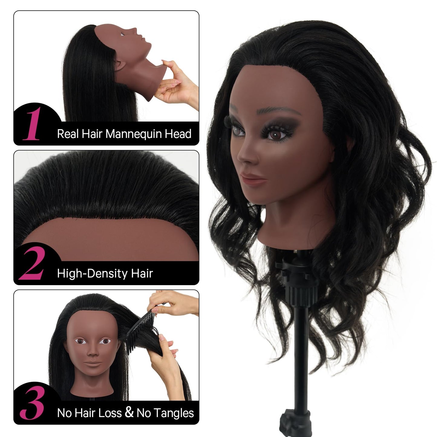 18" Mannequin Head Human Hair - 100% Real Hair Mannequin Head for Makeup Practice, Cosmetology Manikin Doll Head for Hair Styling, Hairdressing Training Head for Braiding with Table Clamp,Black