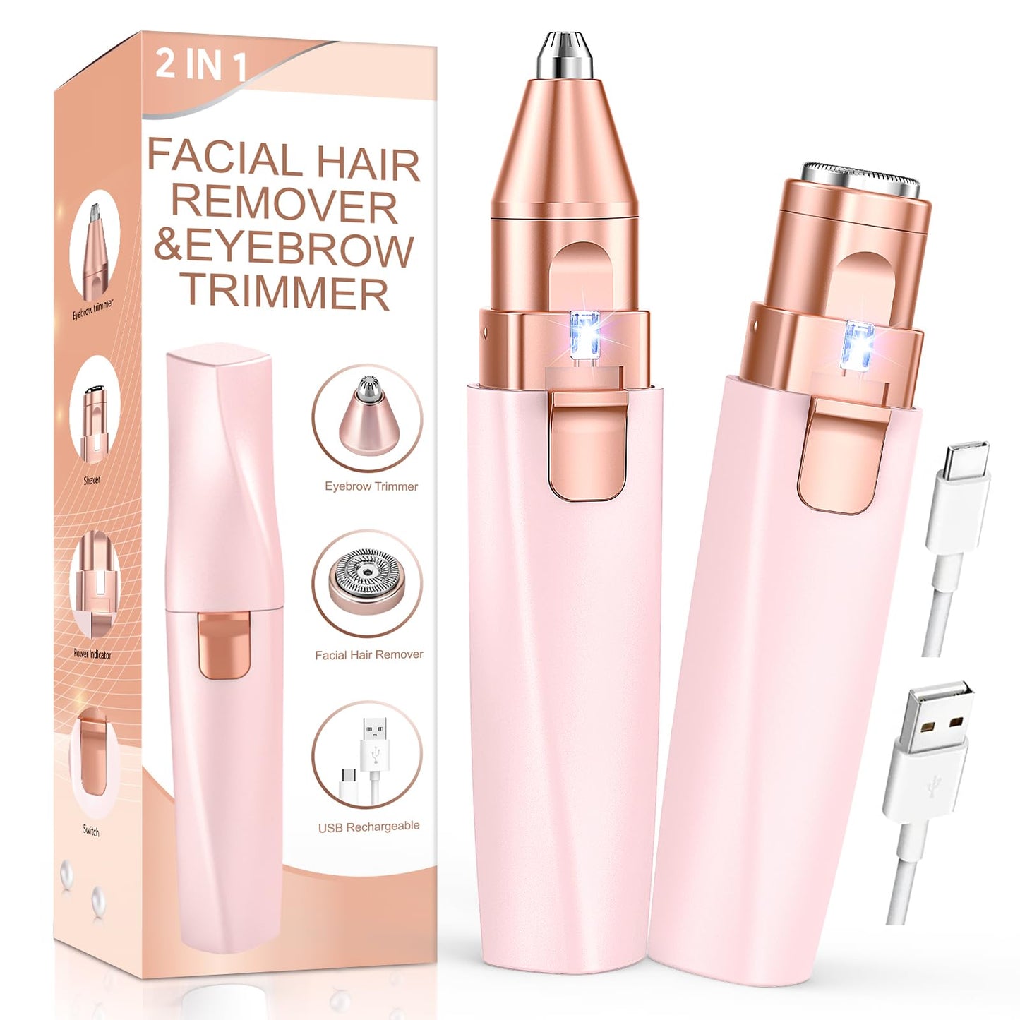 Eyebrow Trimmer Facial Hair Removal for Women: 2 in 1 Rechargeable Facial Hair Remover & Eyebrow Razor, Electric Painless Face Shaver for Women with LED Light for Eye brow, Lips & Face