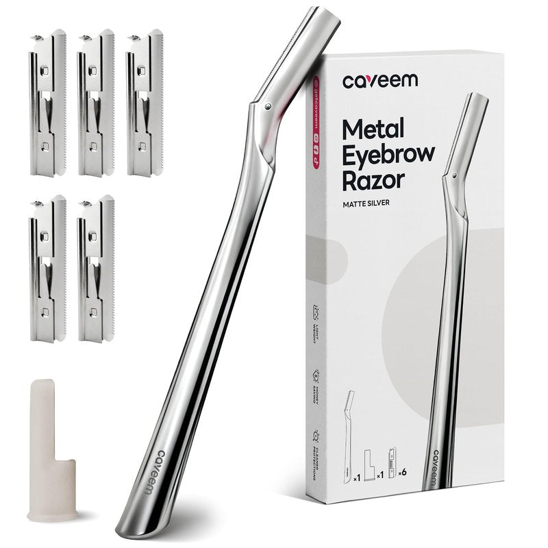 CAVEEM Eyebrow Razor, Face Razors for Women & Men, Dermaplane Razor for Face Exfoliation, Peach Fuzz Removal with 6 Blades (Matte Silver)