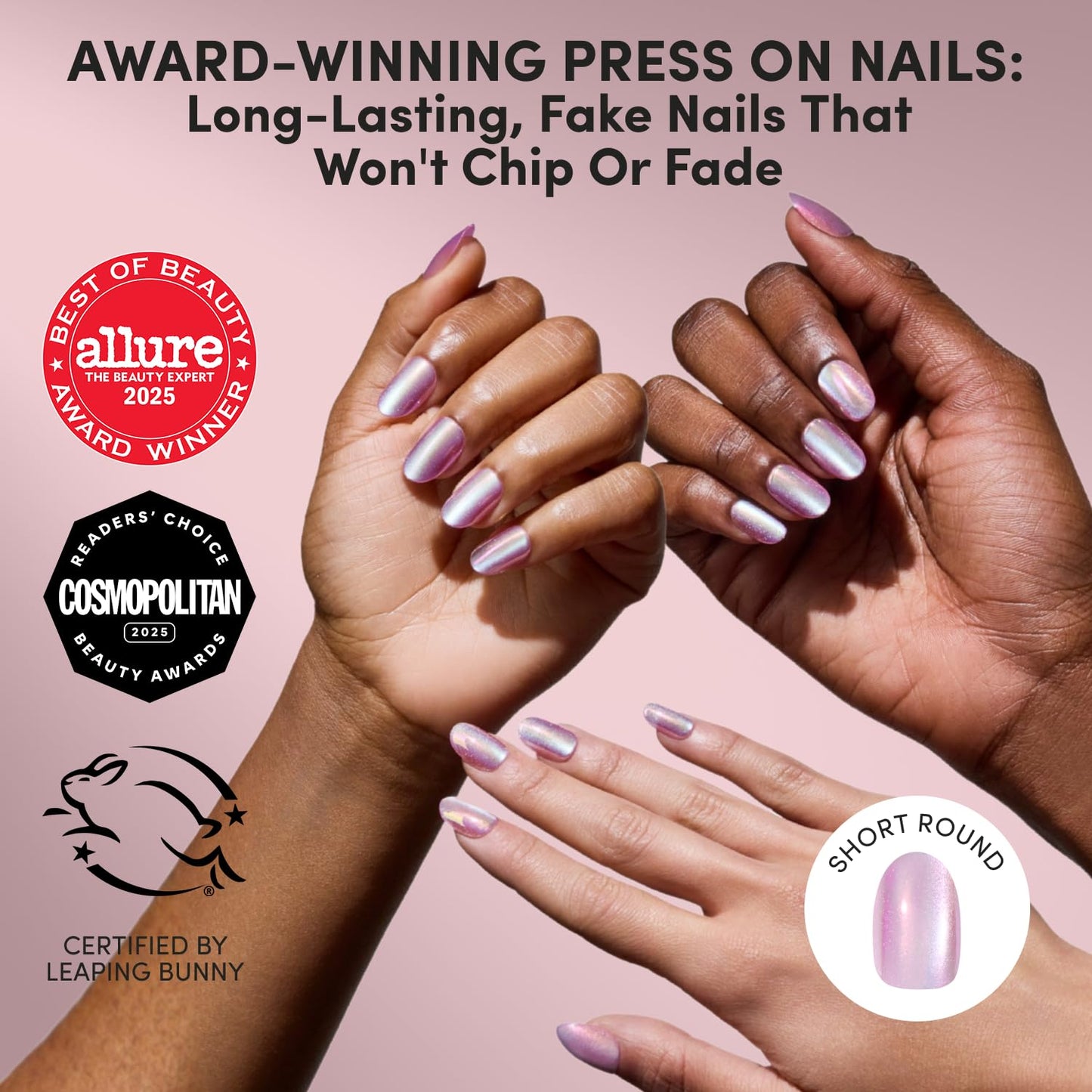 Glamnetic Press On Nails - Short Round Fake Nails | Pearlescent Purple Velvet Press On Nails, Salon Quality Kit with Glue | Oyster Glow - 30 Nail Set in 12 Sizes