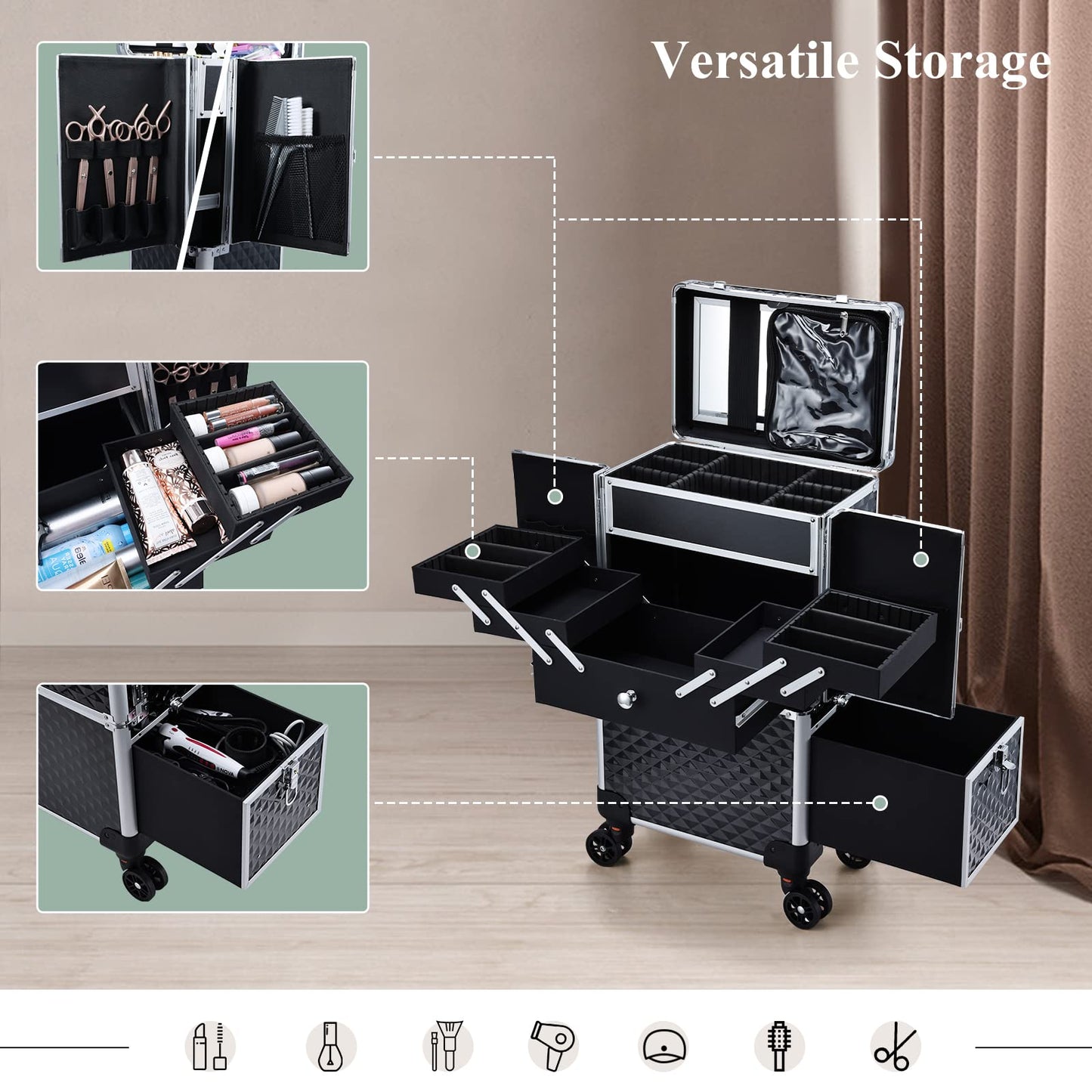 Adazzo Professional Makeup Train Case Extendable Cosmetology Case on wheels