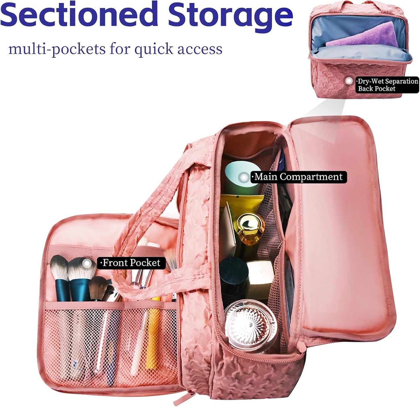 SMONT Toiletry Bag for Traveling Women, 11.5" Large Travel Makeup Toiletries Skincare Bag, Big Cosmetic Cosmetiquera Pink