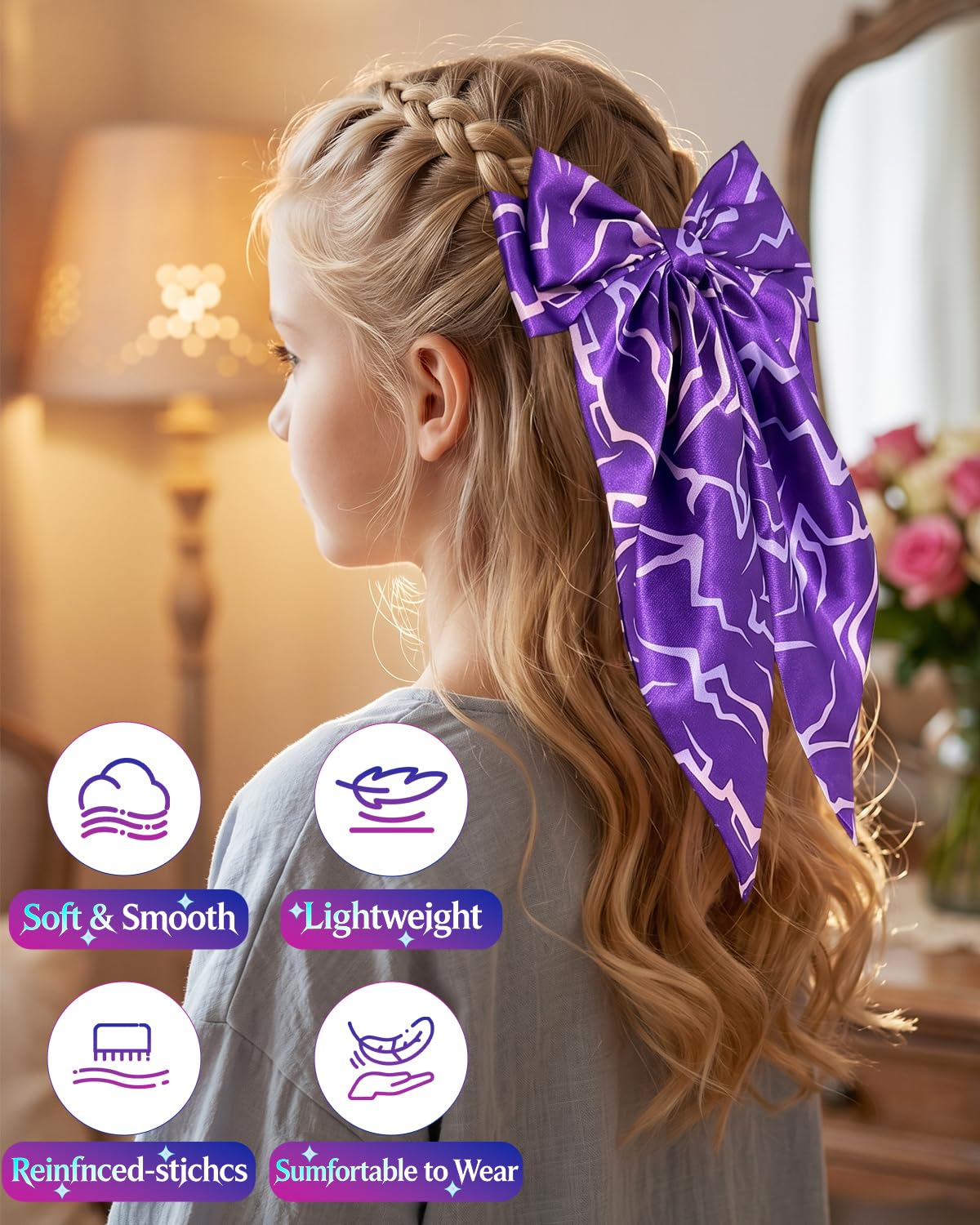 K-Style Demon Movie Hunters Hair Bows,Purple Demon Energy Hair Accessories for Girls, Oversized Hunters Satin Hair Bow Clips, Long Tail Silky Hair Ribbon Clips for Women Girls Fans