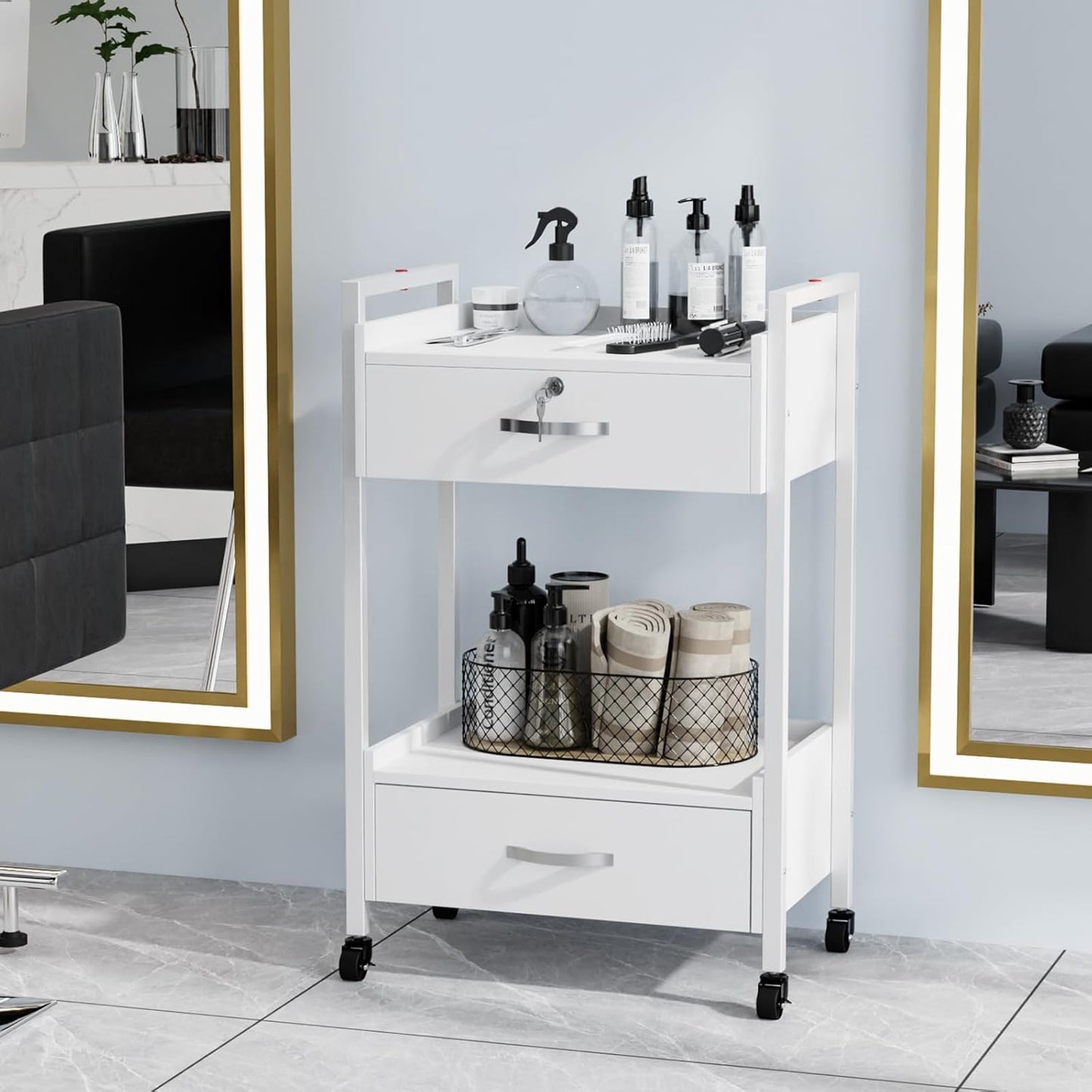 OmySalon Salon Trolley Cart - Mobile Beauty Spa Organizer with 2 Drawers & 2 Trays | White