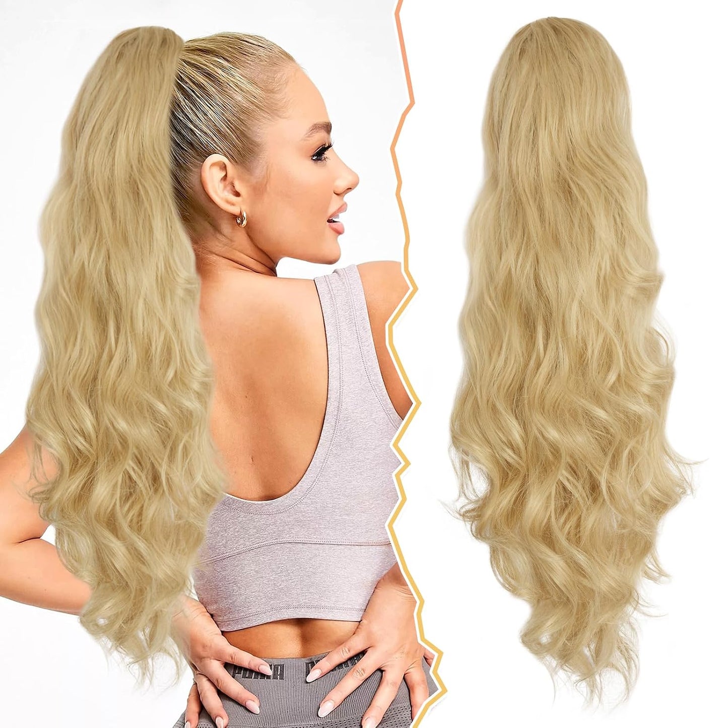 Highlight Ponytail Extension - 20 Inch Curly Wavy Drawstring Hairpiece for Women | Ash Brown & Blonde