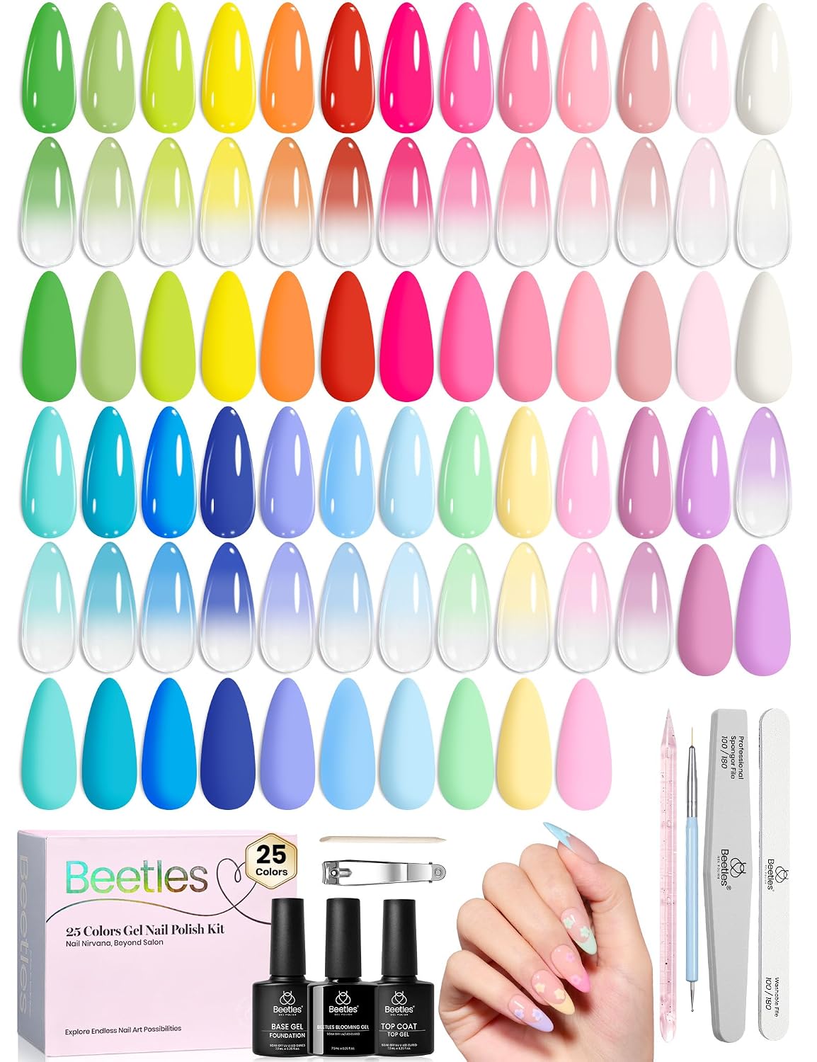 Beetles Gel Nail Polish Set - 23-Piece Summer Colors Collection | UV Gel Polish in Pink, Green, Blue with Base & Top Coat