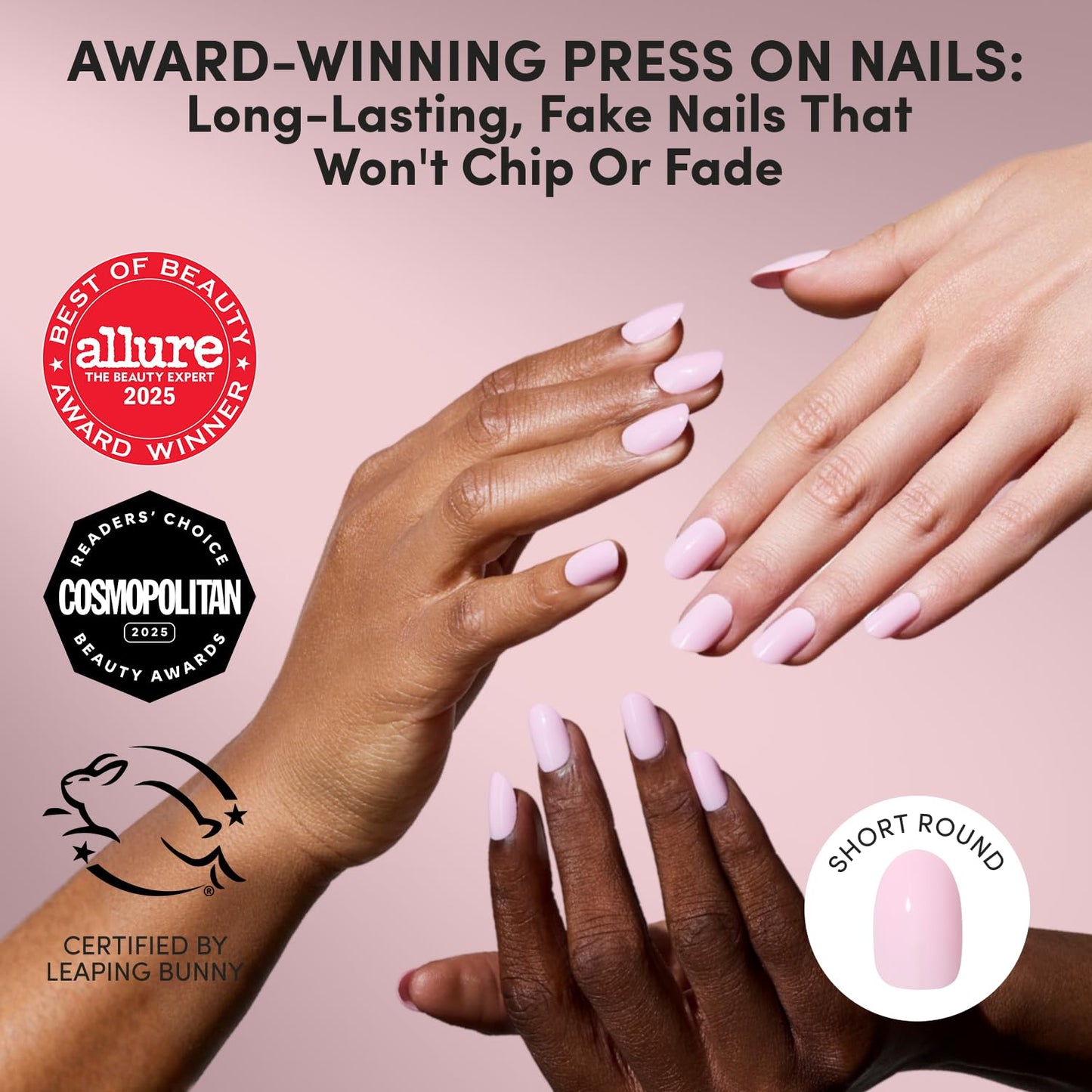 Glamnetic Press On Nails - Short Round Fake Nails | Glossy Light Pink Press On Nails, Salon Quality Kit with Glue | Pink Permission - 30 Nail Set in 12 Sizes