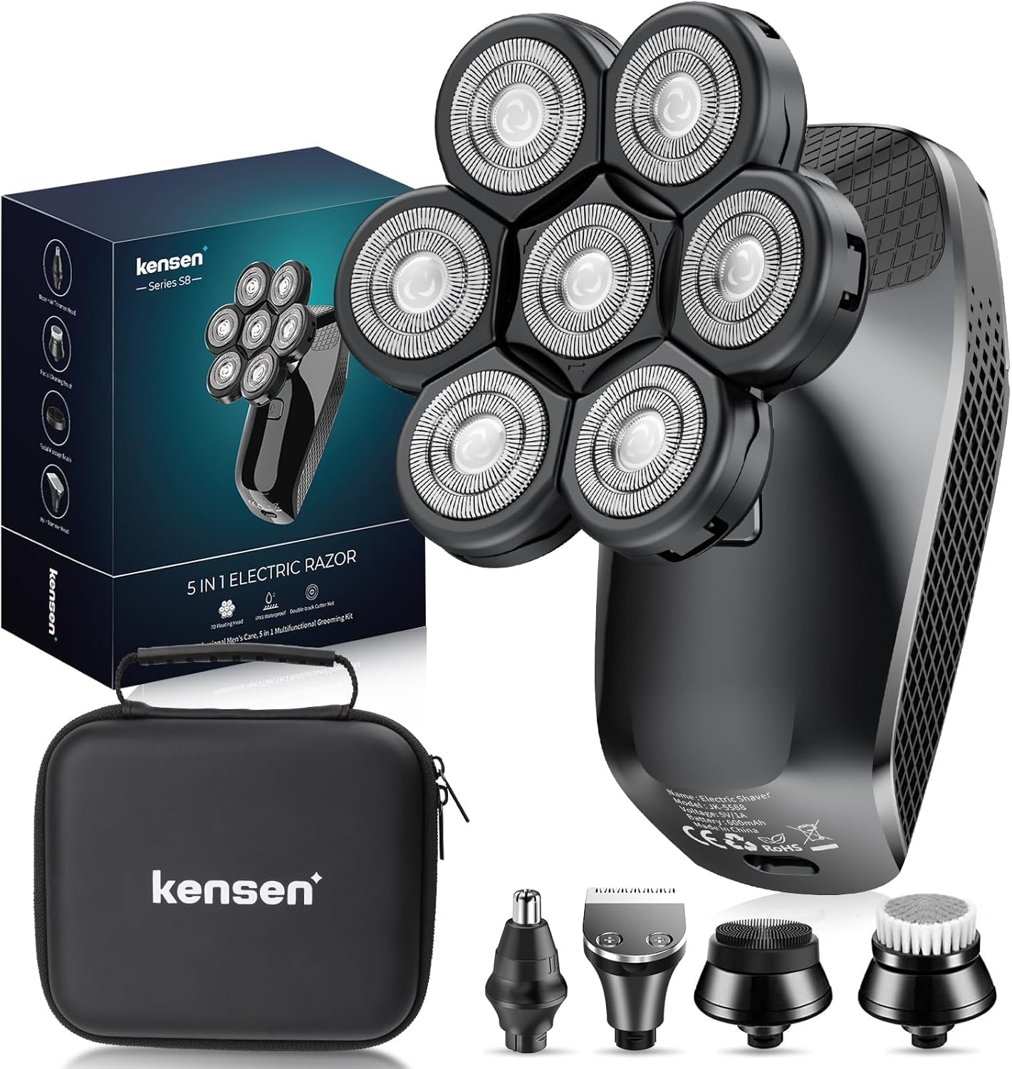 7D Head Shavers for Bald Men - 5 in 1 kensen Electric Head Hair Shaver, Head Electric Razor with Nose Hair & Beard Trimmer Cordless IPX6 Waterproof Wet Dry LED Display Travel Case (Black)