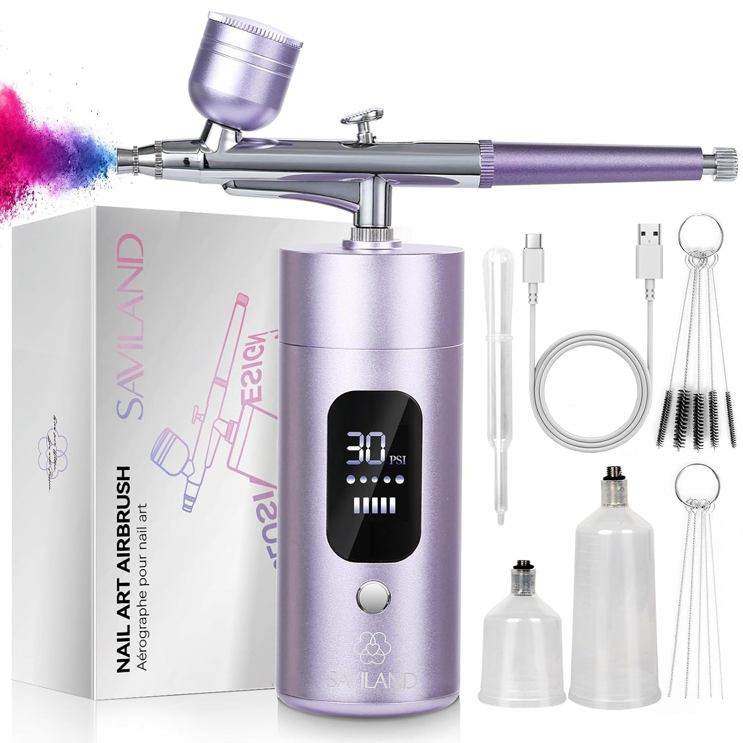 SAVILAND Airbrush Kit for Nails - 30 PSI LCD Display, Rechargeable & Cordless 0.3mm Nozzle | Nail Art Painting Set