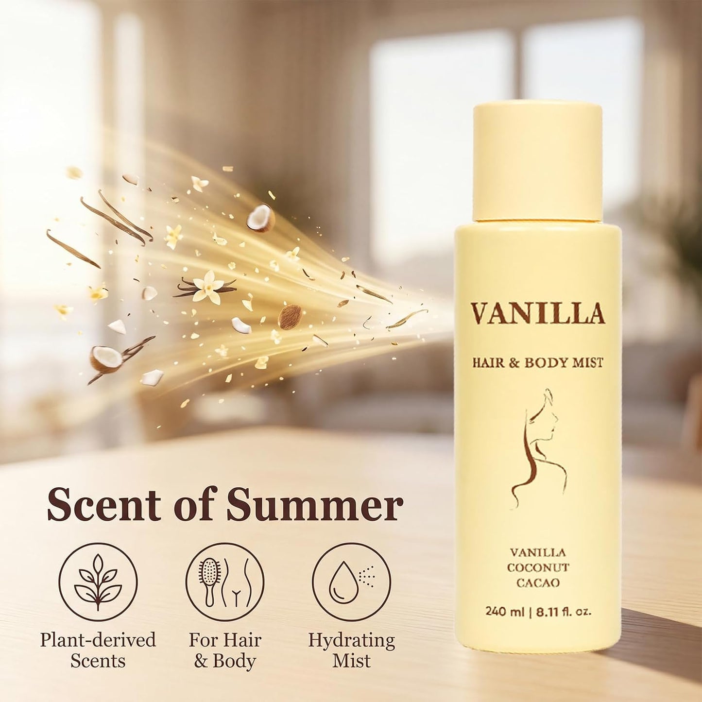Vanilla Hair and Body Mist - Lightweight Tropical Vanilla Scent | Hydrating Mist for Skin & Hair, Long-Lasting Fragrance