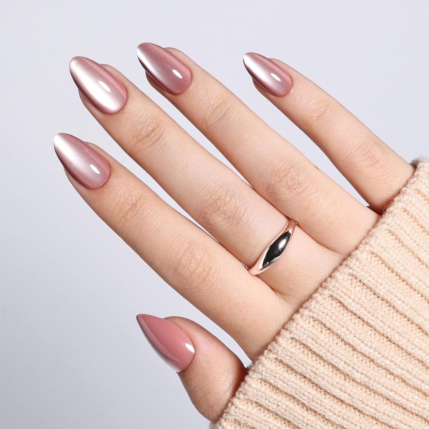 Cat Eye Press On Nails - Short Almond Fake Nails with Nail Glue | Reusable Brown Red 32-Piece Kit in 16 Sizes for Women & Girls