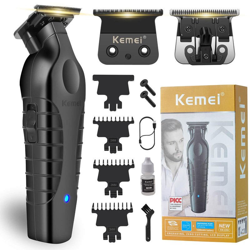 KEMEI PG2299 Hair Trimmer for Men, Zero Gapped T-Blade Clippers for Edging & Lining, Cordless Barber Liners with Extra Replacement Blade, USB Rechargeable Grooming Kit for Beard & Dry Shaving (Black)